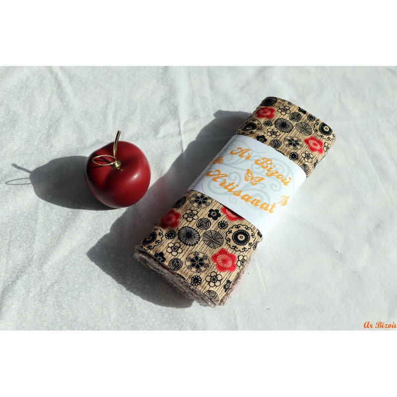 Lot de 4 feuilles d'essuie-tout fleurie noir et rouge
