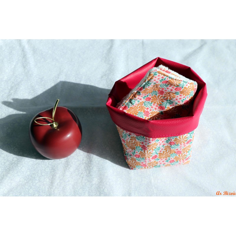 Lot de 4 lingettes et son panier feuillage camel et fushia