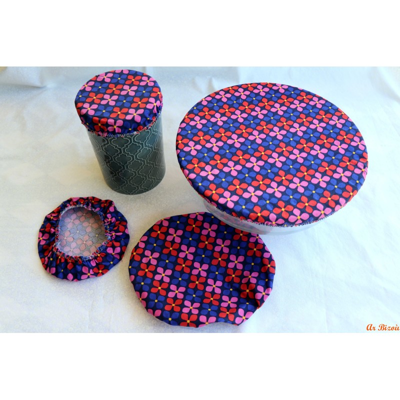 Lot de 4 couvercles fleurs rose mauve et cobalt