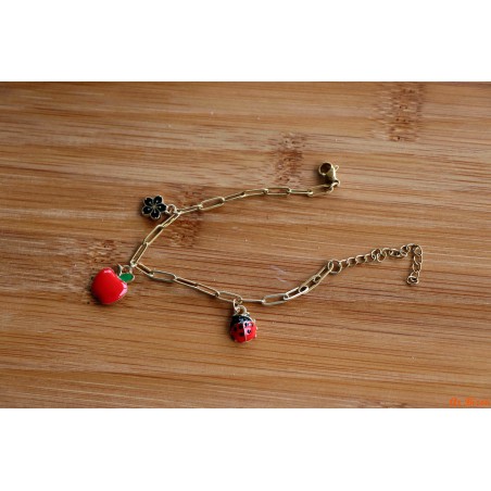 Bracelet de breloques fleur, coccinelle, pomme