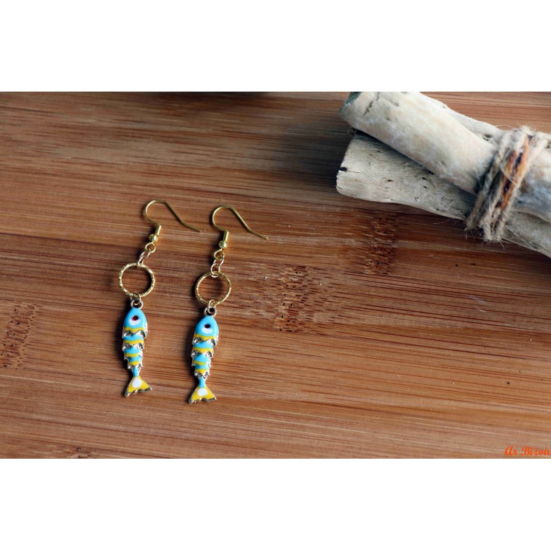 Boucles d'oreilles poissons écailles bleus et cercles