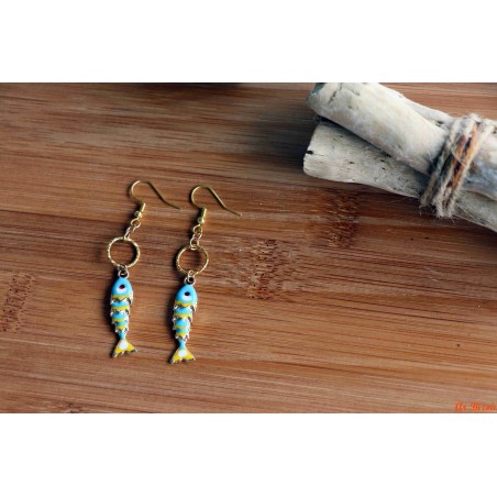 Boucles d'oreilles poissons écailles bleus et cercles