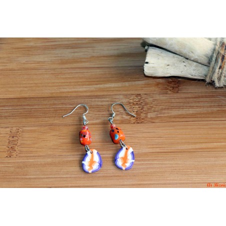 Boucles d'oreilles perles verre oranges et pâte polymère pétales