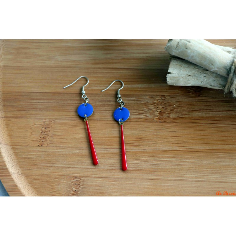 Boucles d'oreilles pastilles bleues cobalt, gouttes rouges