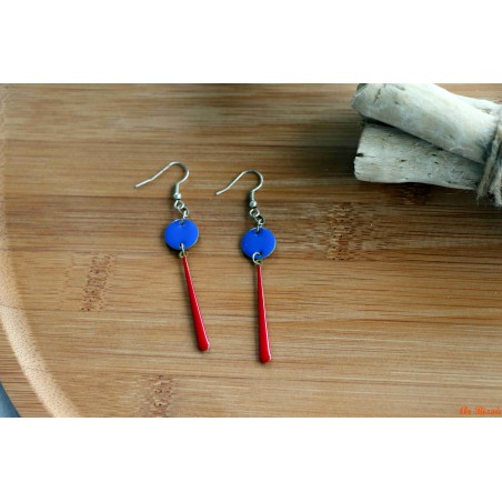 Boucles d'oreilles pastilles bleues cobalt, gouttes rouges