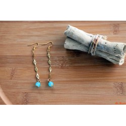 Boucles d'oreilles chaîne feuillage perles bleues
